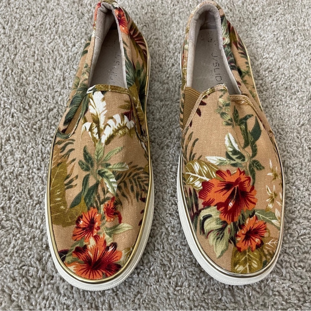 J Slides Floral Tan & Red Boat Shoes Sneakers Casual Boho Tropical